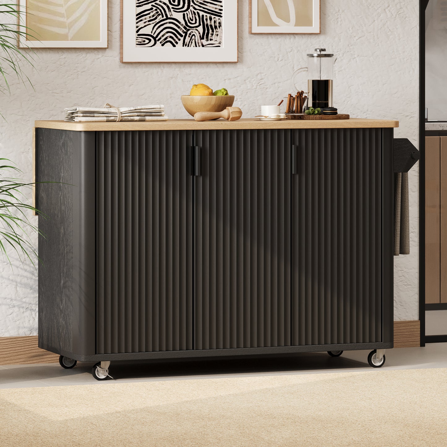 K&K 51 Fluted Kitchen Island With Drop Leaf, Farmhouse Accent On
