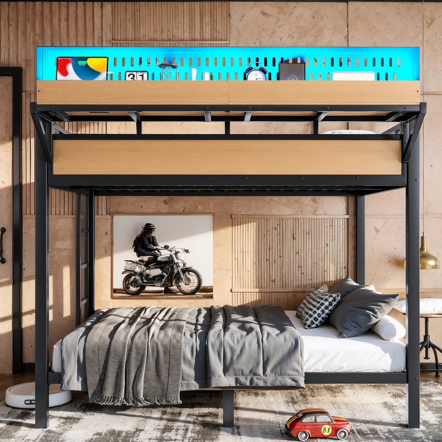 Full Over Full Metal Bunk Bed with Storage, USB Ports & LED Lights - Natural