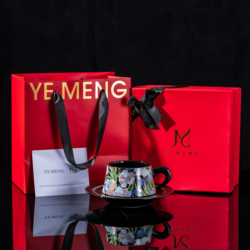 Elegant Iris Flower Ceramic Coffee Cup Set with Gift Box - Multiple Styles & Sizes