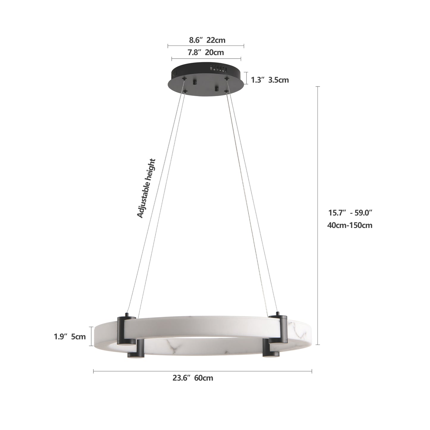 Modern LED Pendant Light 24-Inch Round Chandelier with Adjustable Height White