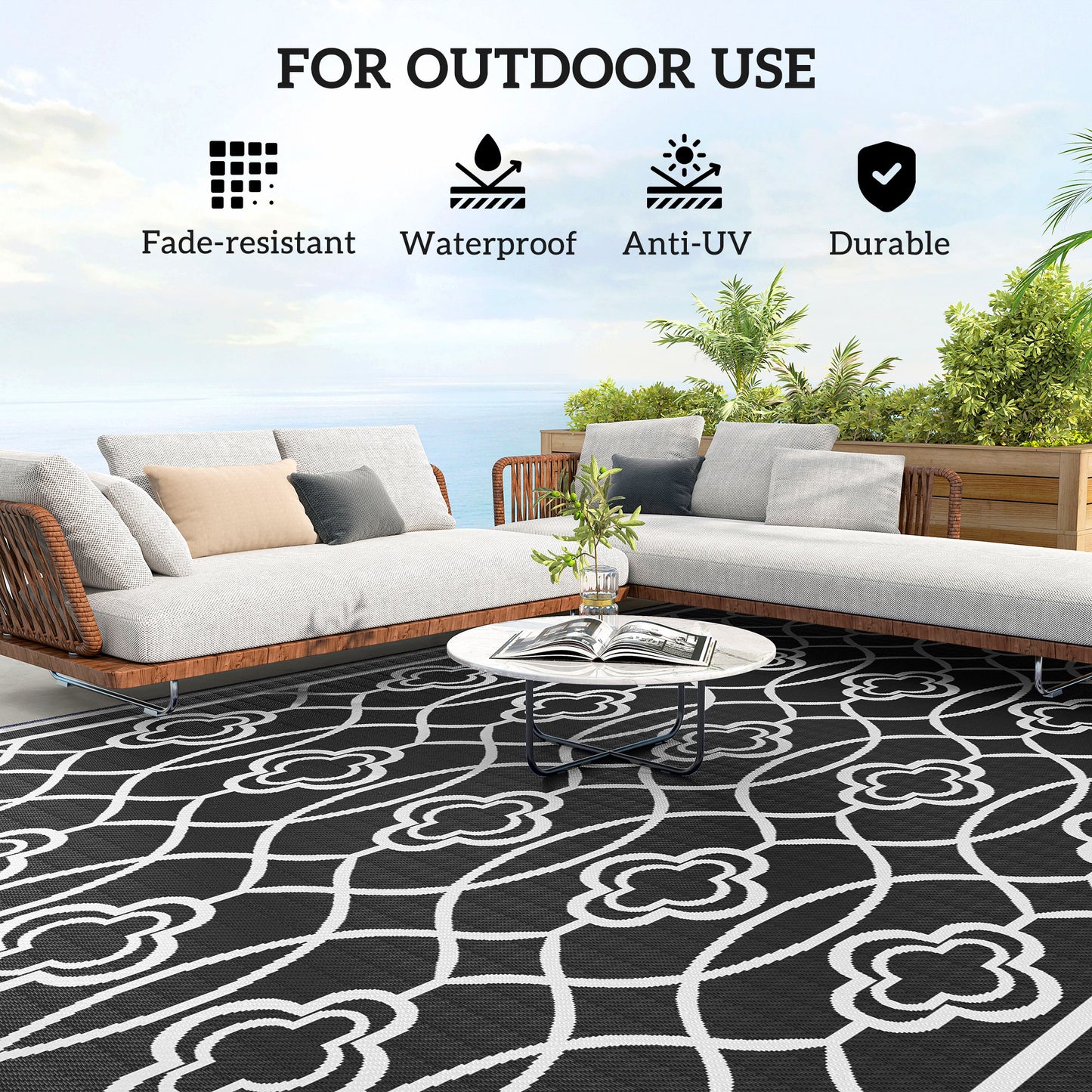 Reversible Outdoor Rug - Waterproof Plastic Straw, 9' x 18' - Black & White Lantern