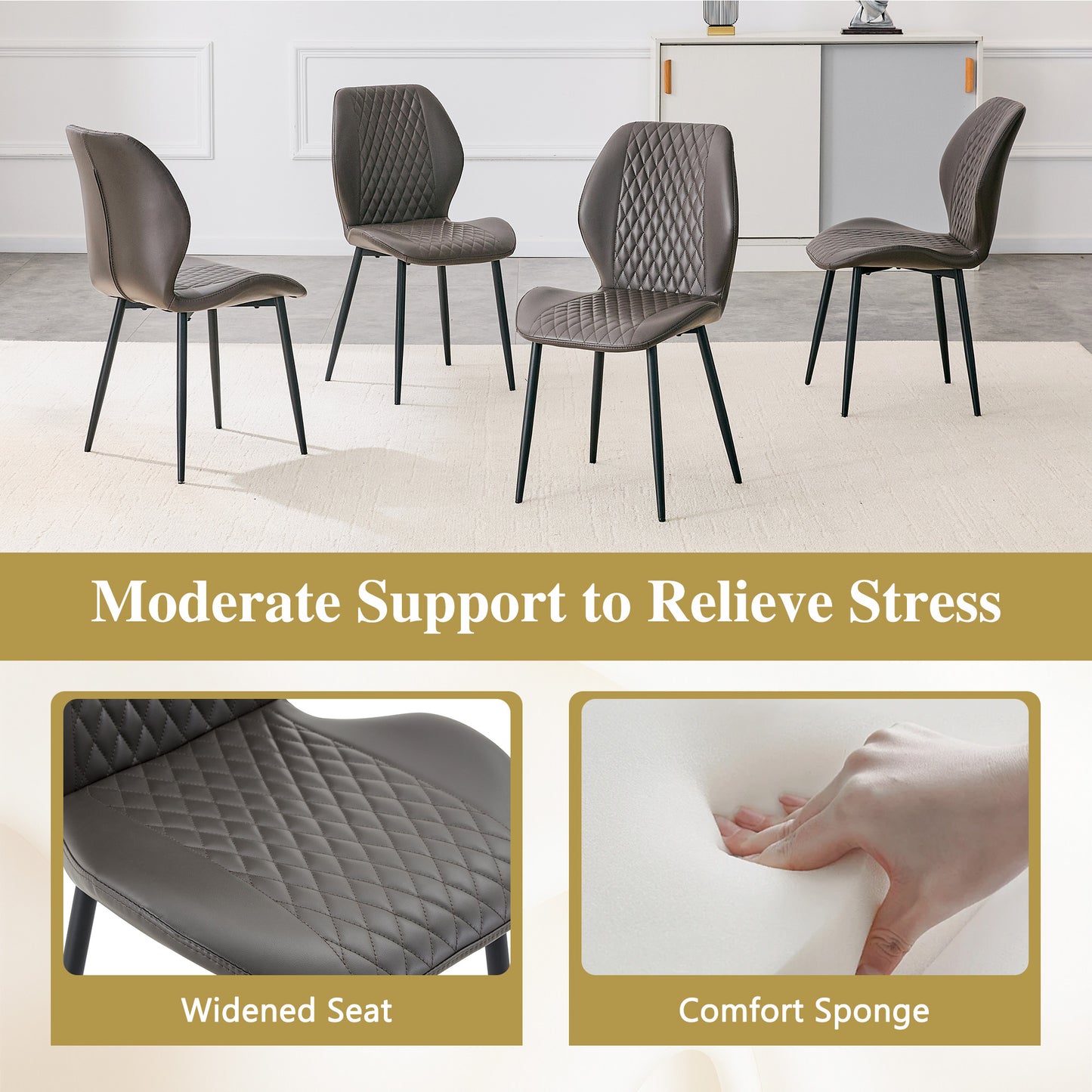 Set Of 4 Modern Light Luxury Dark Gray Diamond-quilted PU Chairs With