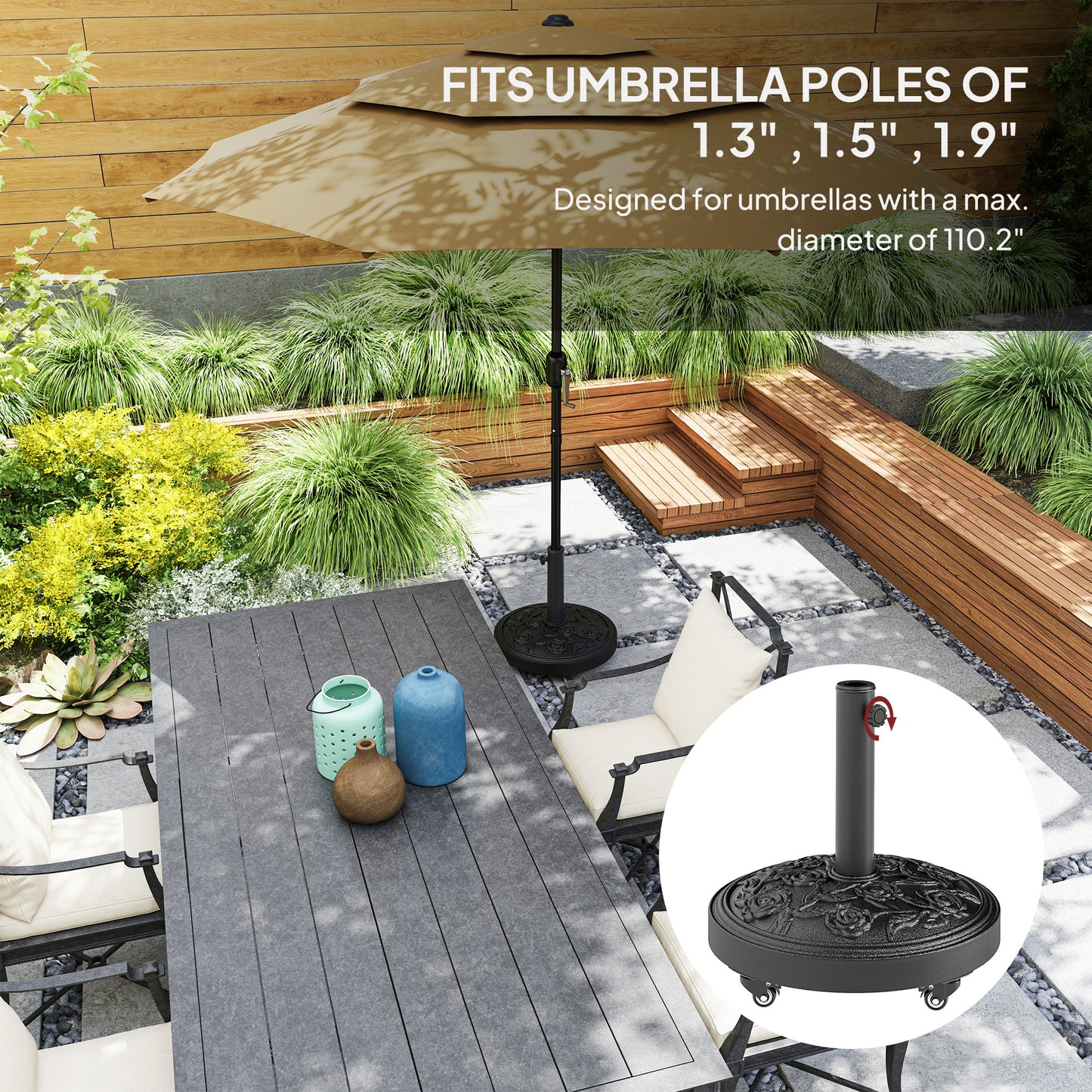 Outdoor Umbrella Base with Wheels - 46 lbs Resin Stand for 1.3" to 1.9" Poles - Black