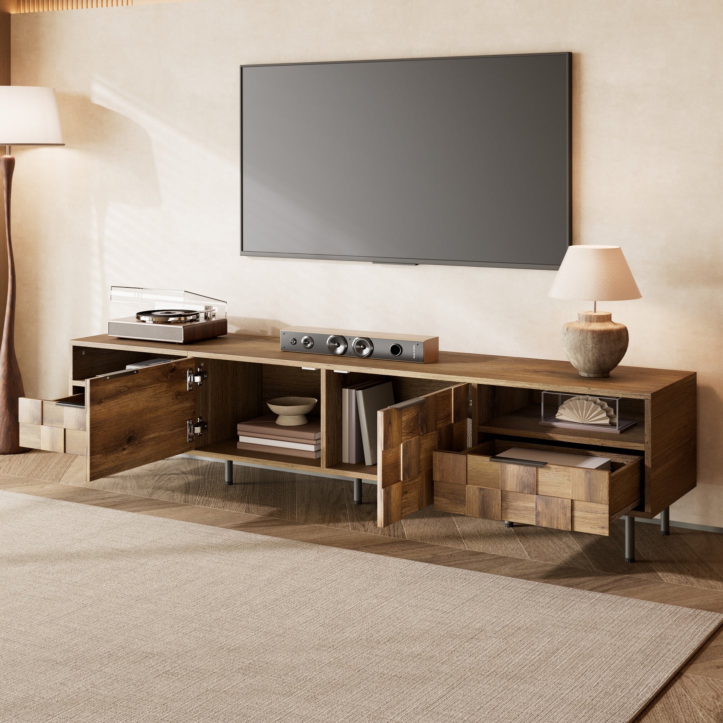 Mid Century TV Stand With 2 Drawers, Media Console Table For TVs Up