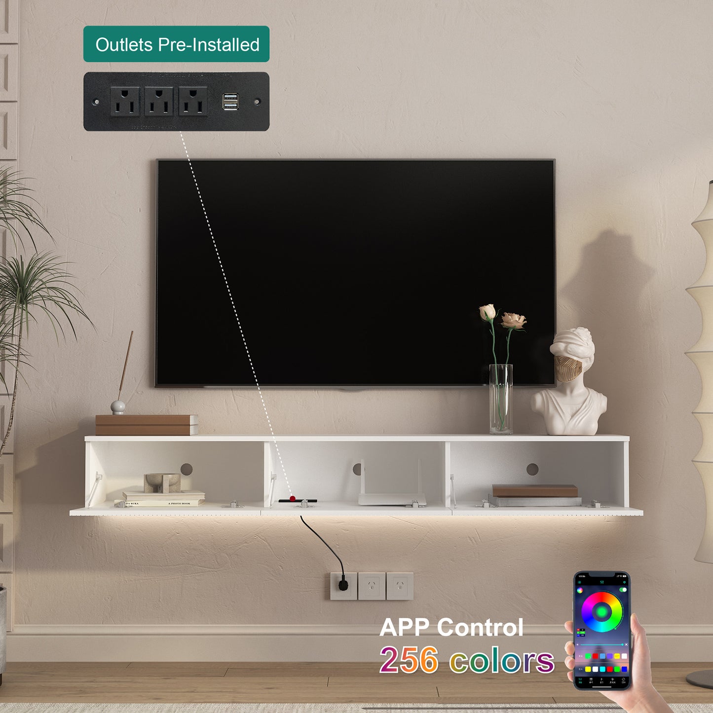 Wall Mounted Floating TV Stand with 16 Color LEDs - White