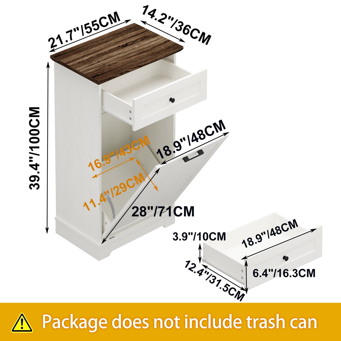 Tilt-Out Trash Cabinet - Freestanding Wood Recycling Bin with Drawer, Antique Brown & White