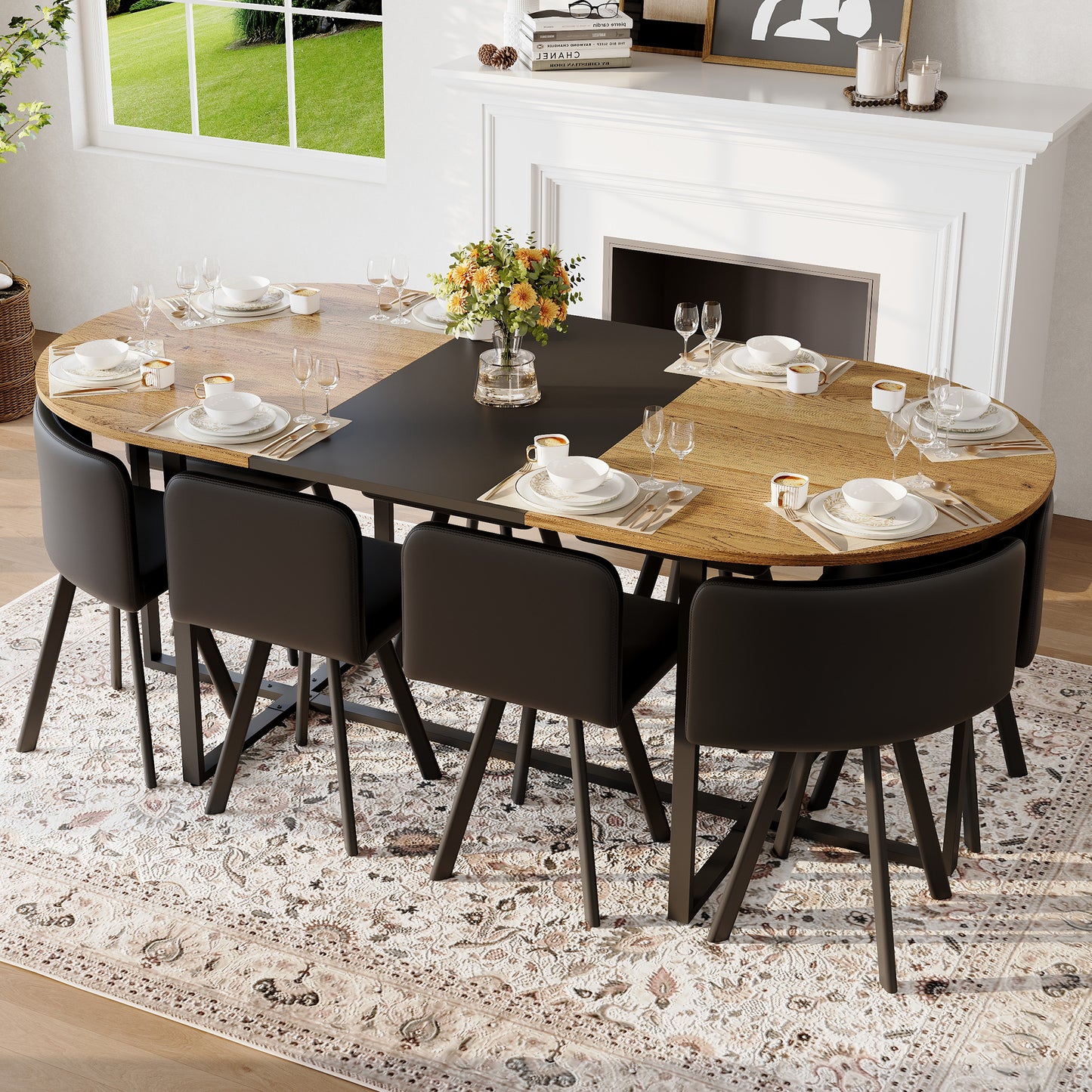 9-Piece Oval Dining Table Set, Fixed Two-Tone Wood Grain & Black