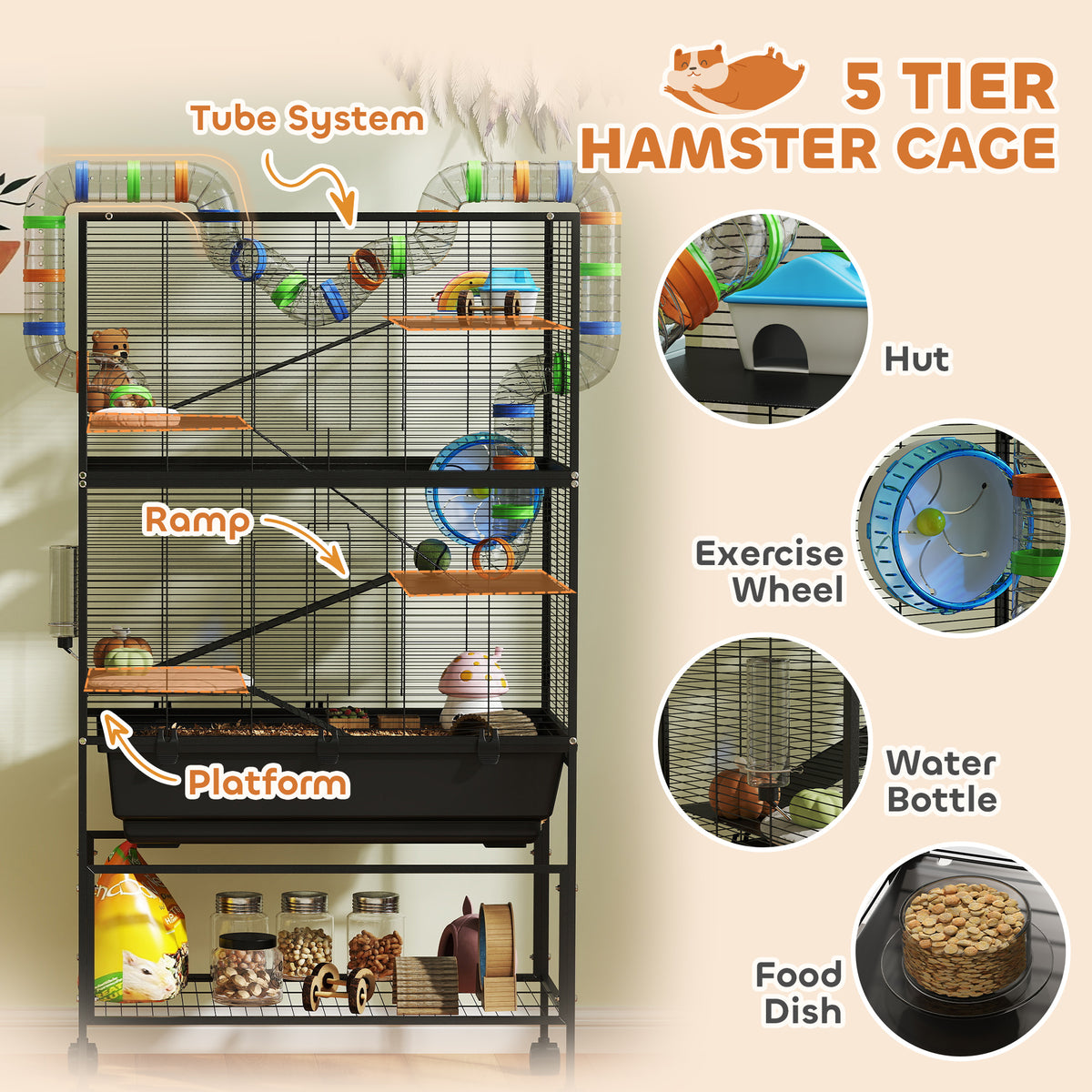 5-Tier Hamster Cage with Deep Tray, Exercise Wheel, Hut, Tube System & Storage Shelf