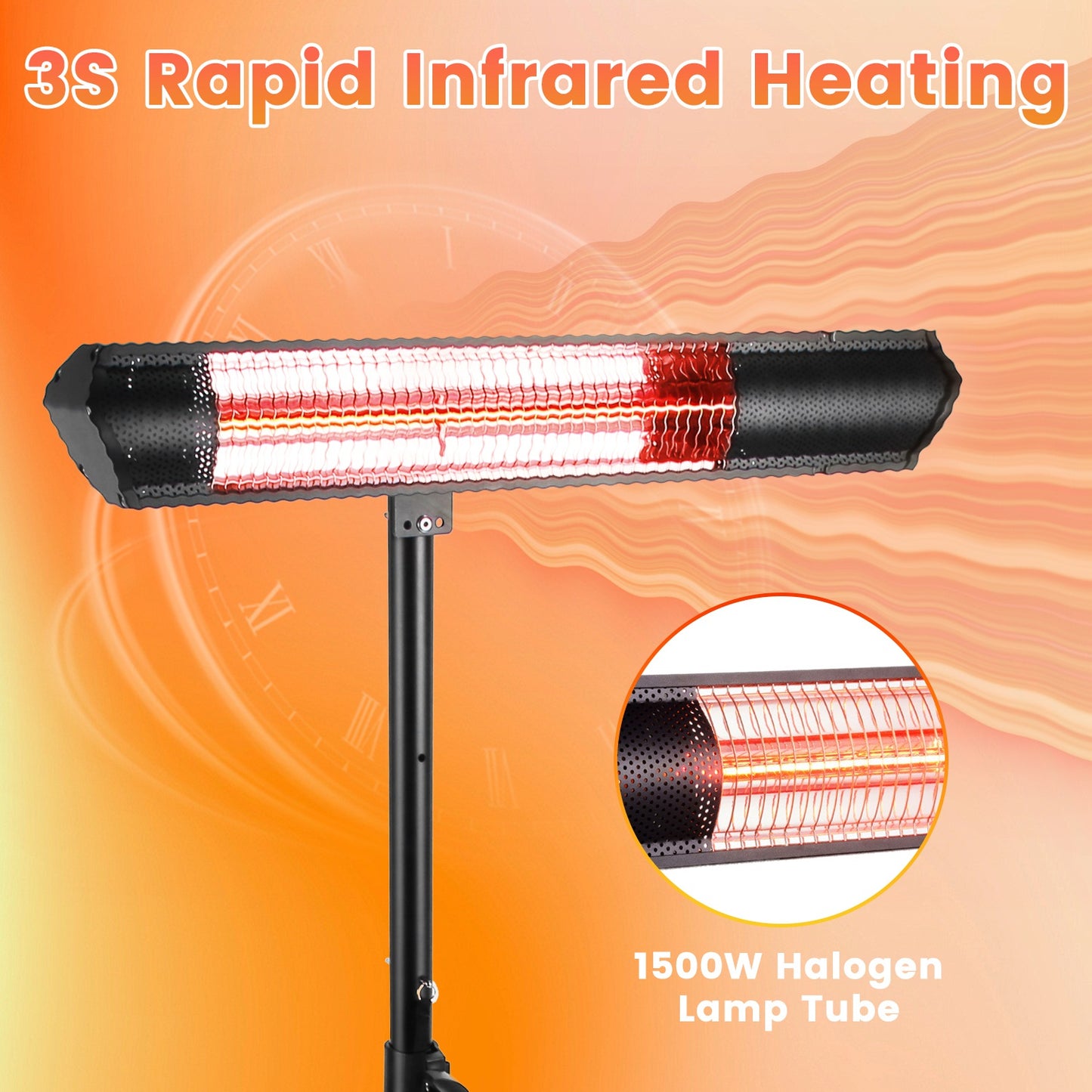 1500W Infrared Patio Heater with Stand and Wall Mount - Waterproof Outdoor Space Heater with Remote Control