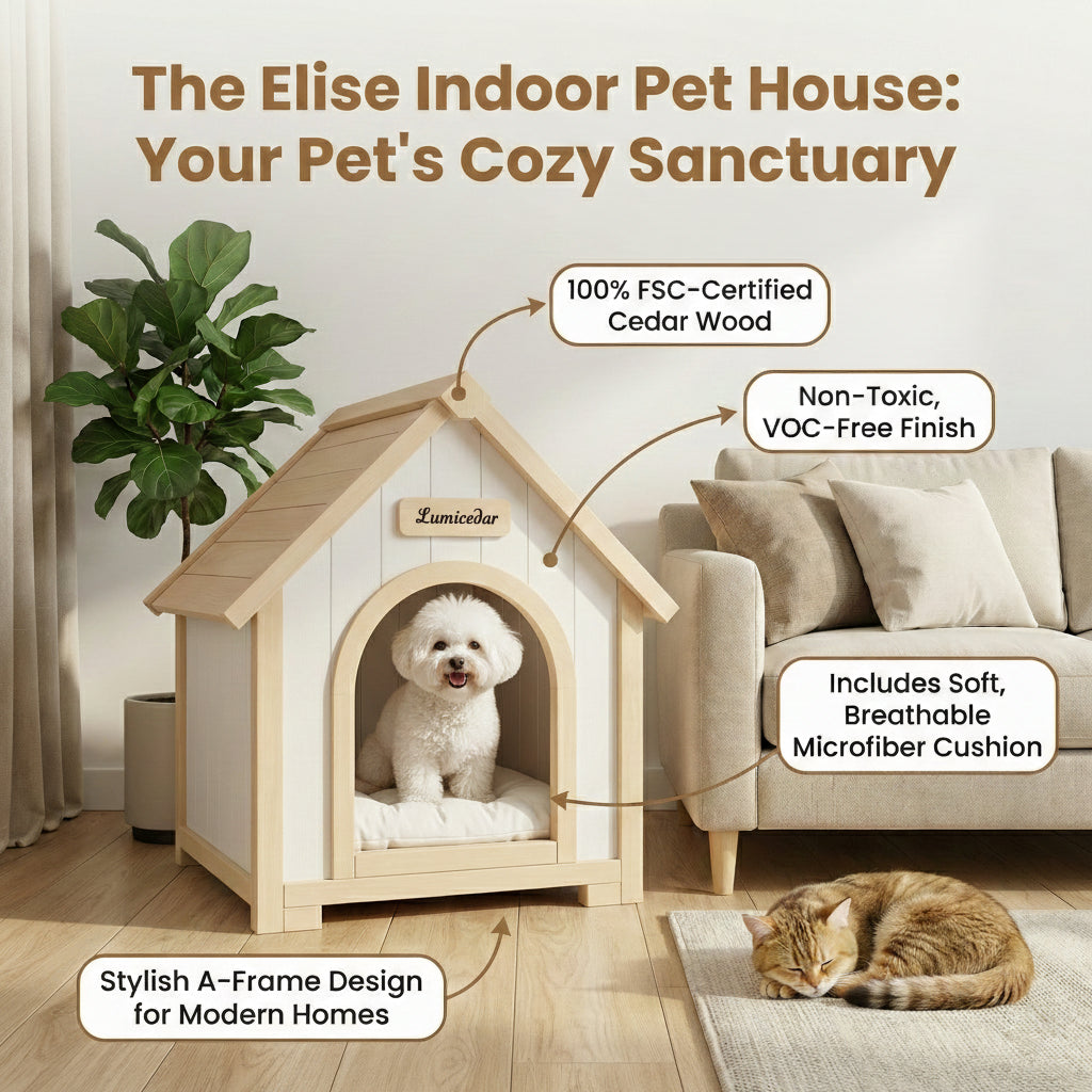 Indoor Wooden Dog House with EVA Cushion - Small Pet Shelter in Creamy White
