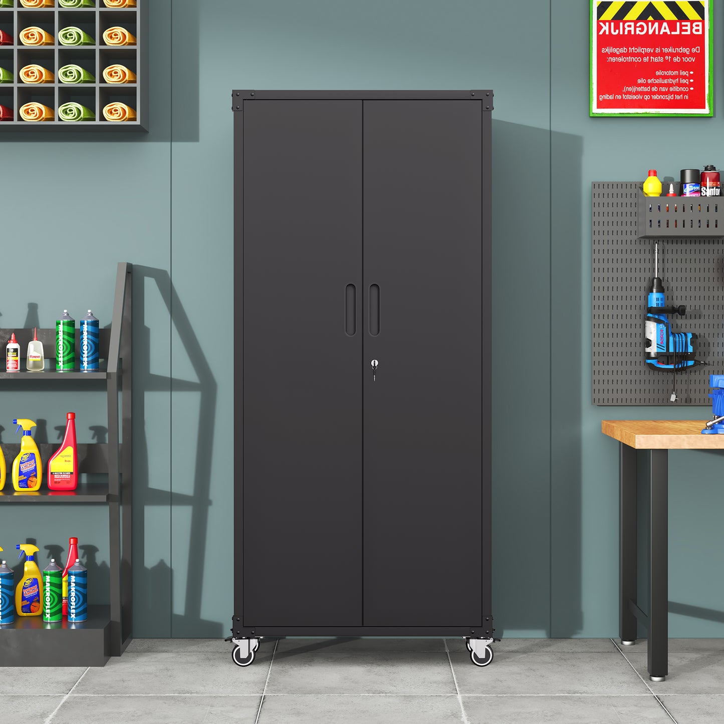 71 All-Black Metal Garage Storage Cabinet With Wheels - Heavy-Duty