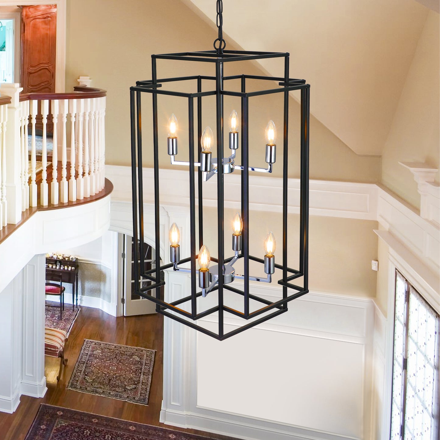Modern 8-Light Black & Chrome Pendant Chandelier - Adjustable