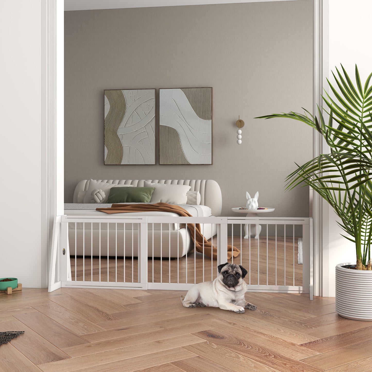 28-75 Inch Freestanding Wooden Pet Gate with Non-Slip Mats - White