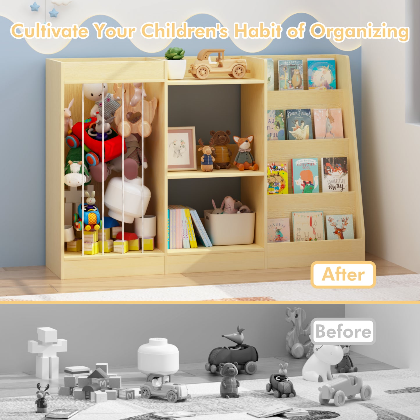 3-in-1 Kids Bookshelf and Toy Storage - Natural