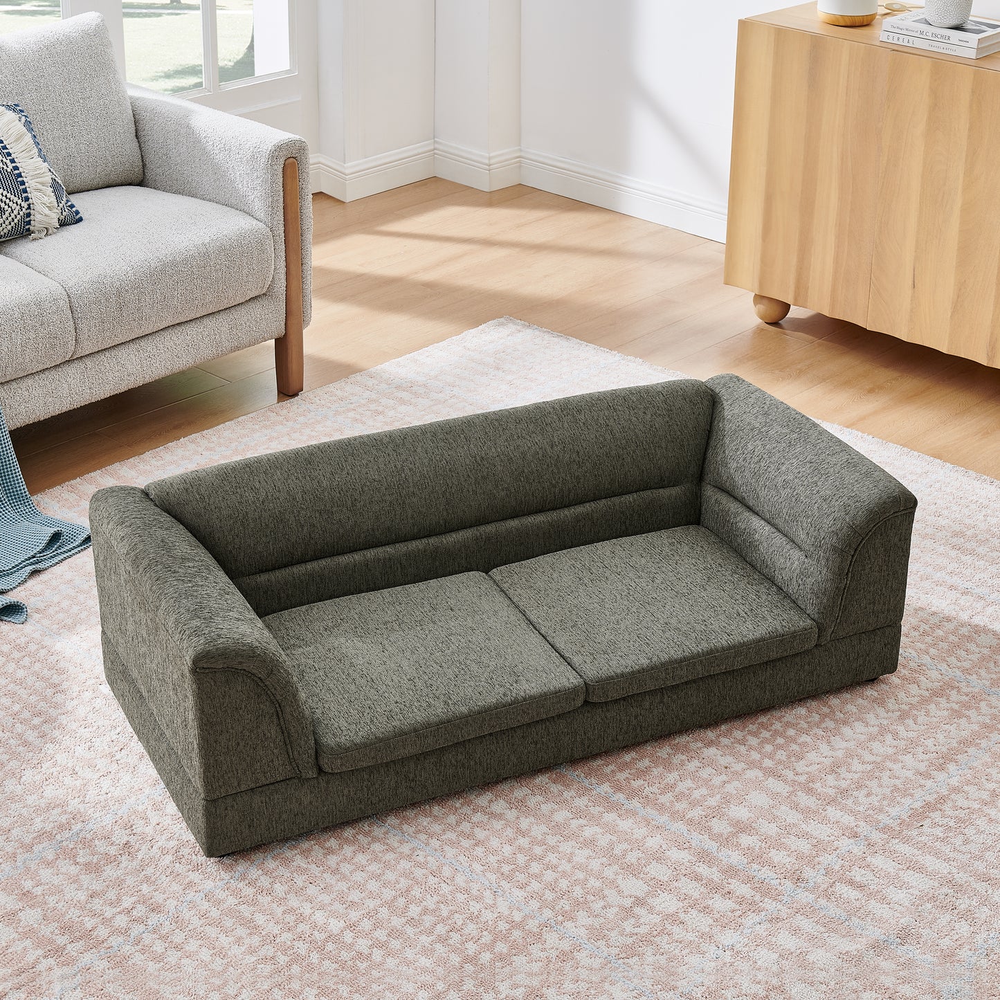 Oversized Dog Sofa Bed with Linen Fabric & Curved Armrest - Dark Gray