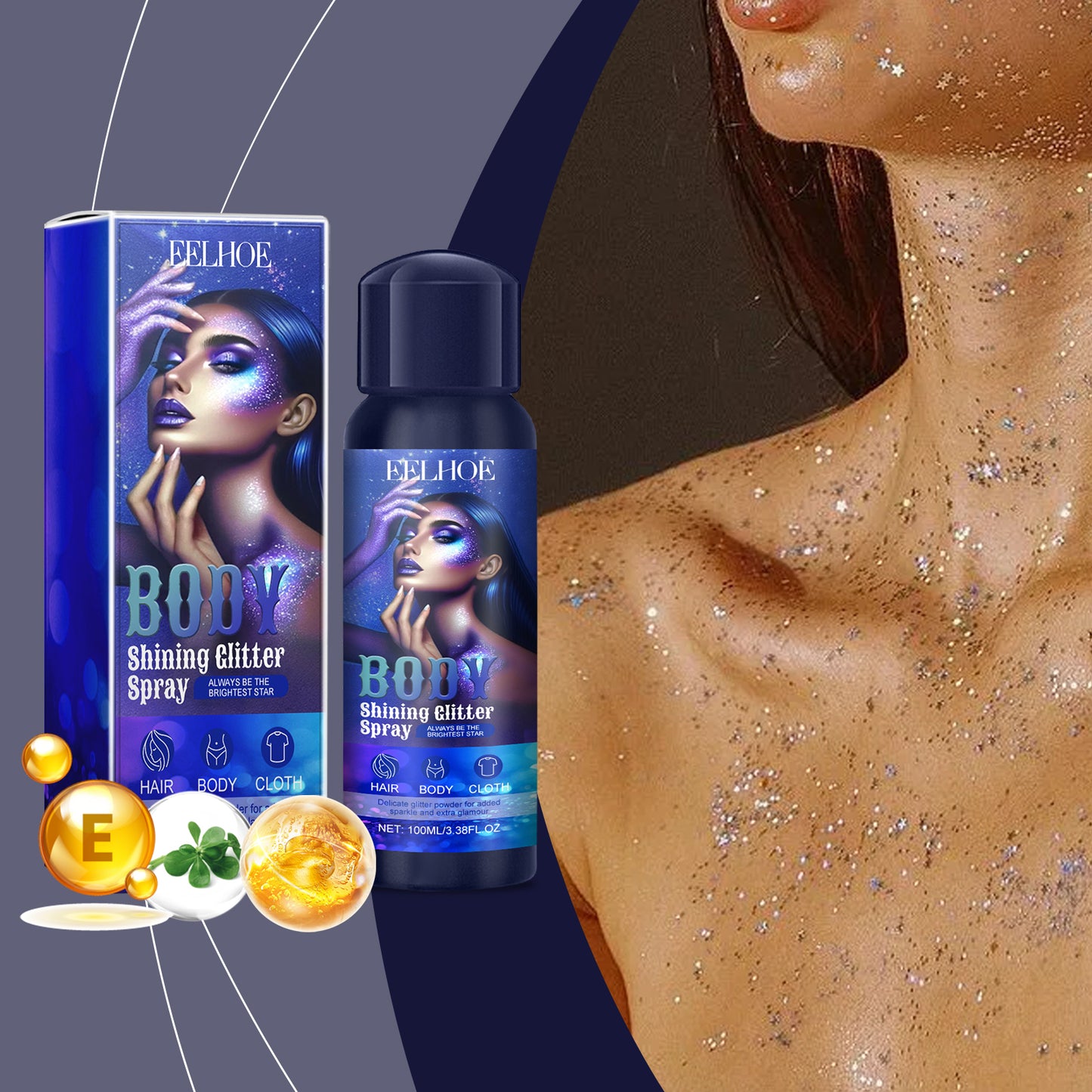 Long-Lasting Highlighter Glitter Spray for Face, Body and Hair