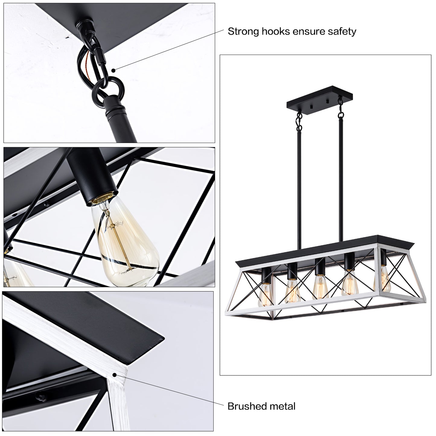 32-Inch Black & White Industrial 5-Light Pendant Chandelier - Adjustable Hanging Light
