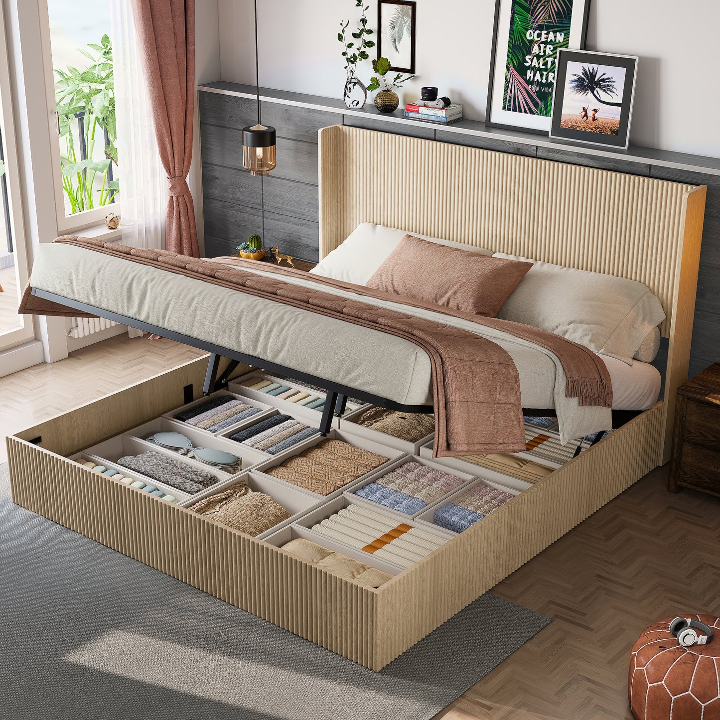 King Storage Bed Frame with Lifting Function - Oak Color