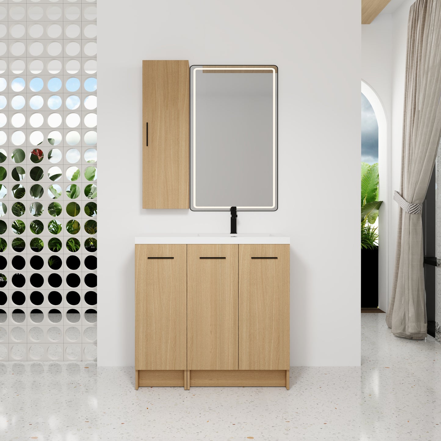 36" Freestanding Bathroom Vanity Set with Linen Cabinet - Light Oak