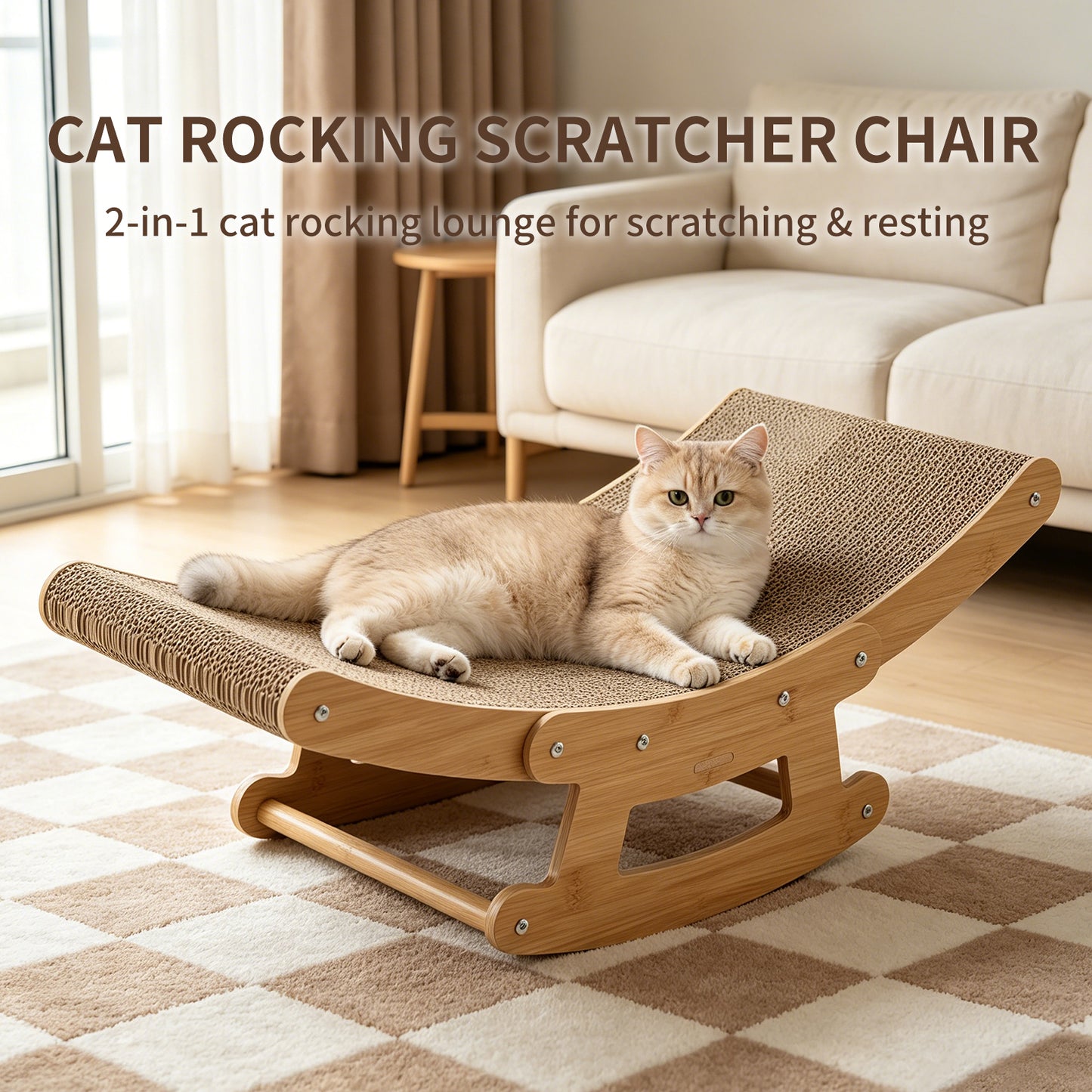 2-in-1 Wooden Cat Rocking Chair Bed & Scratching Post for Indoor Cats