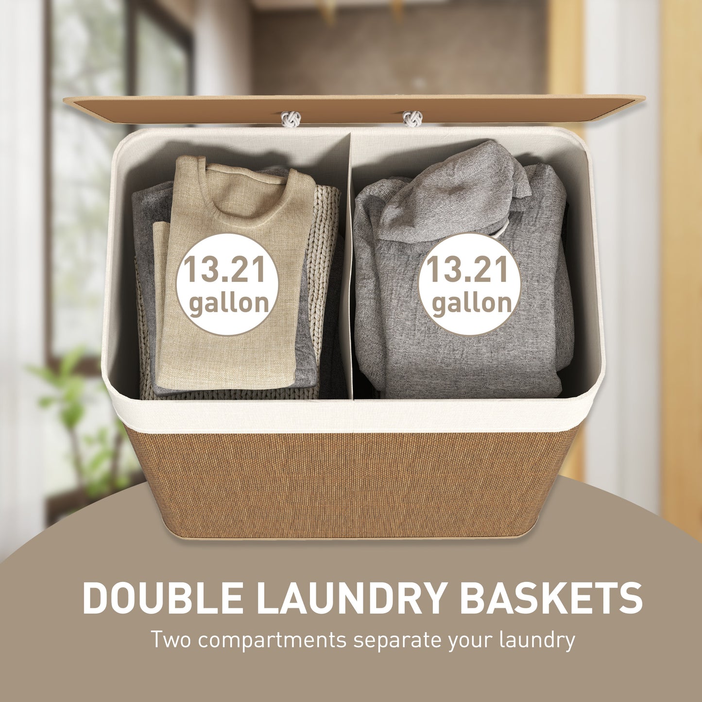 Double Laundry Basket With Lid, 26.4 Gallon Bamboo Hamper Rope