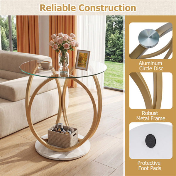 Modern 2-Tier Side Table With Tempered Glass Top & Faux Marble Base,