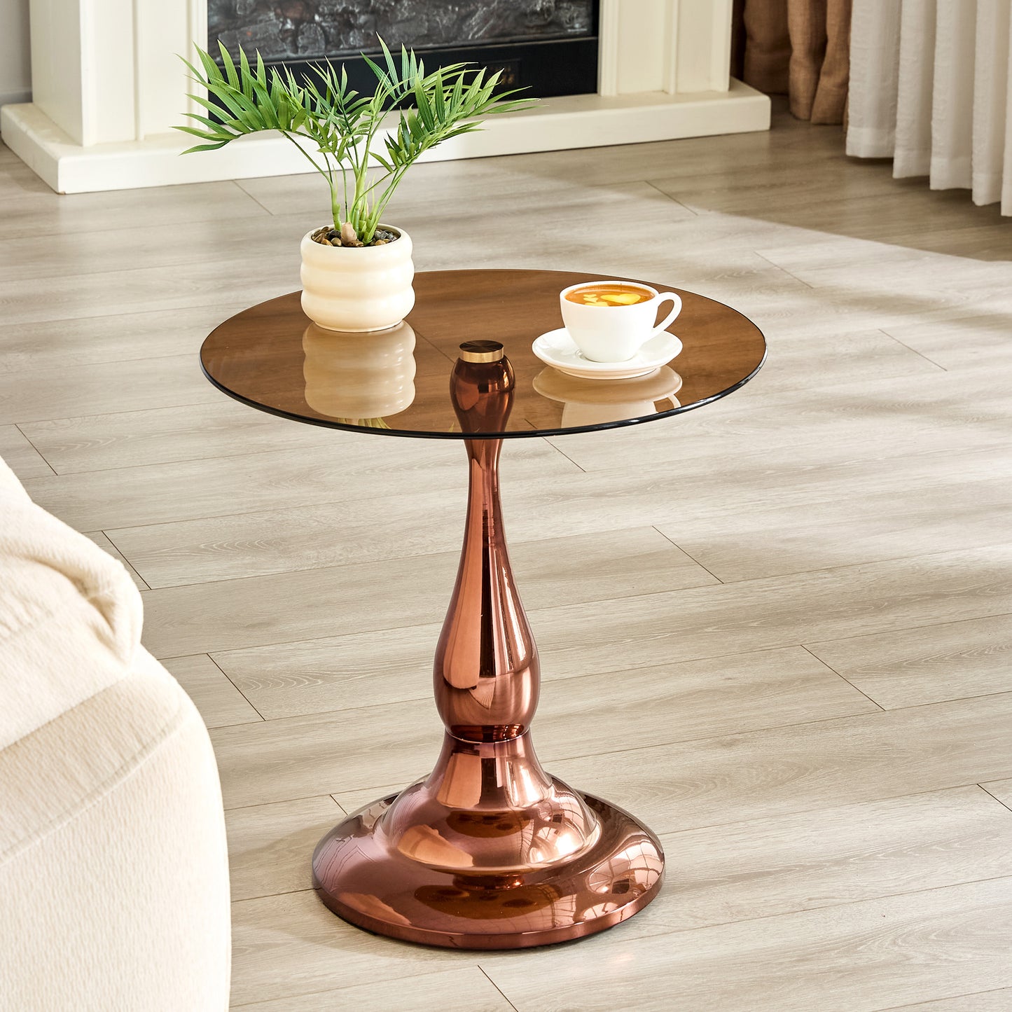 Modern Rose Gold Metal Side Table with Glass Top - 19.6 Inch