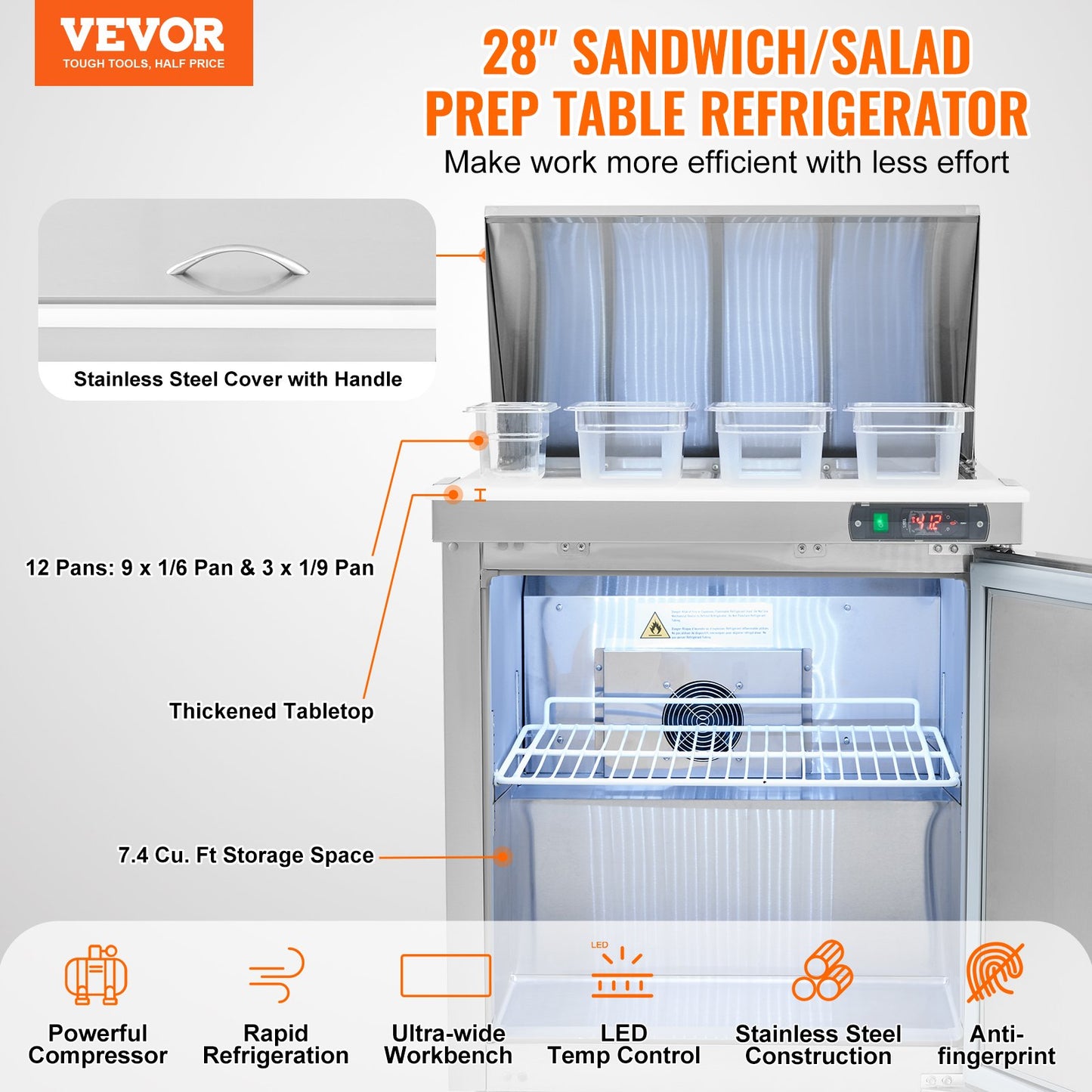 Commercial Refrigeration Sandwich Prep Table 28 Inch with 1 Door & 12 Pans