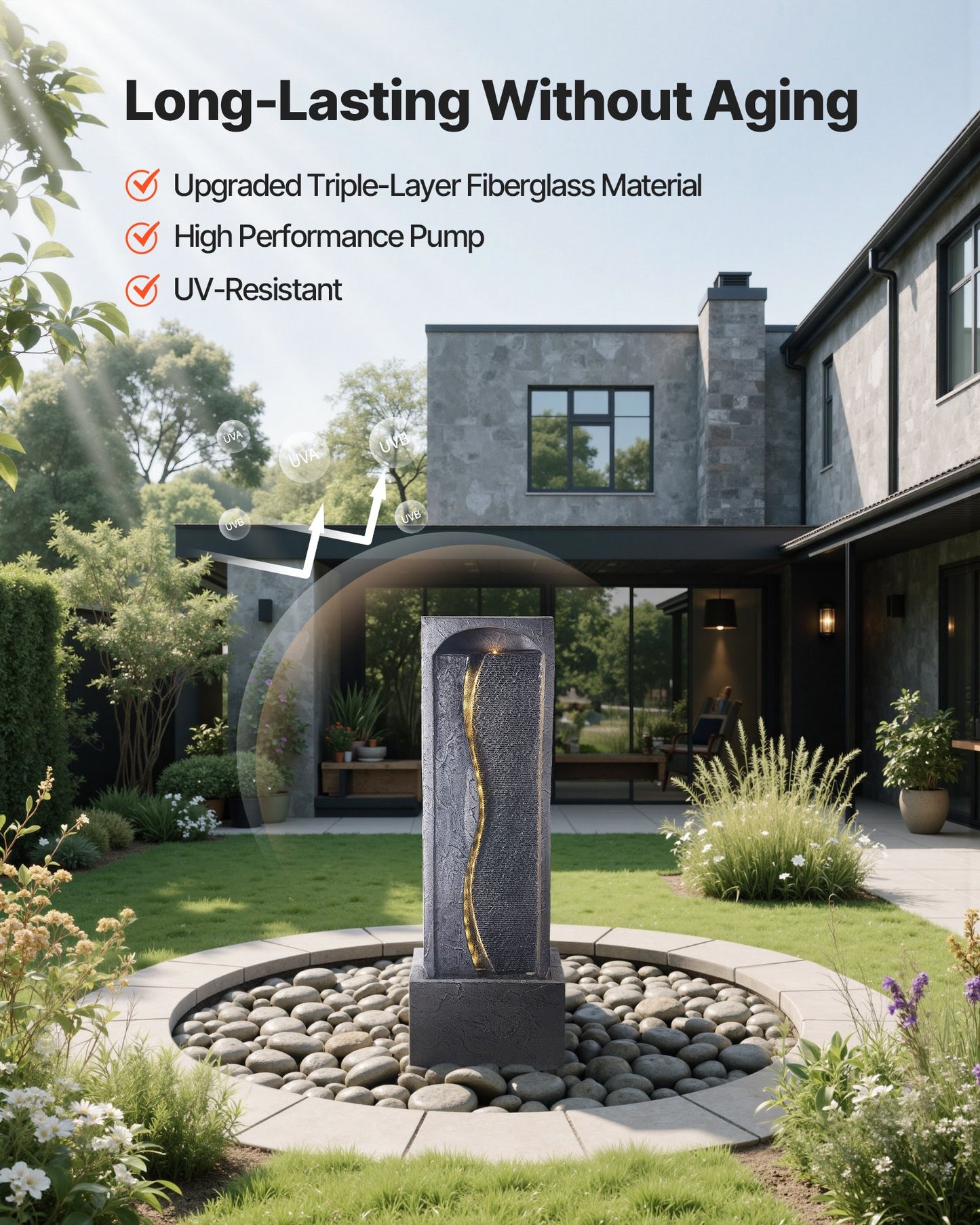Outdoor Water Fountain 1-Tier Rock Base Style 38.58 Inch Garden Fountain - Grey