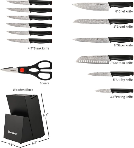 15-Piece Damascus Kitchen Knife Set with Block & Sharpener