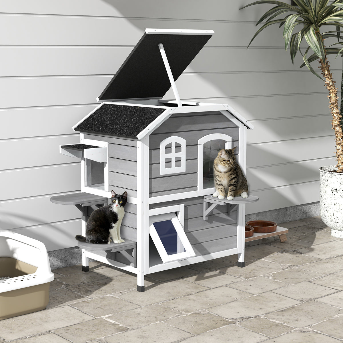Outdoor Wooden Cat House with Escape Door & Openable Roof - Weatherproof Feral Cat Enclosure Gray