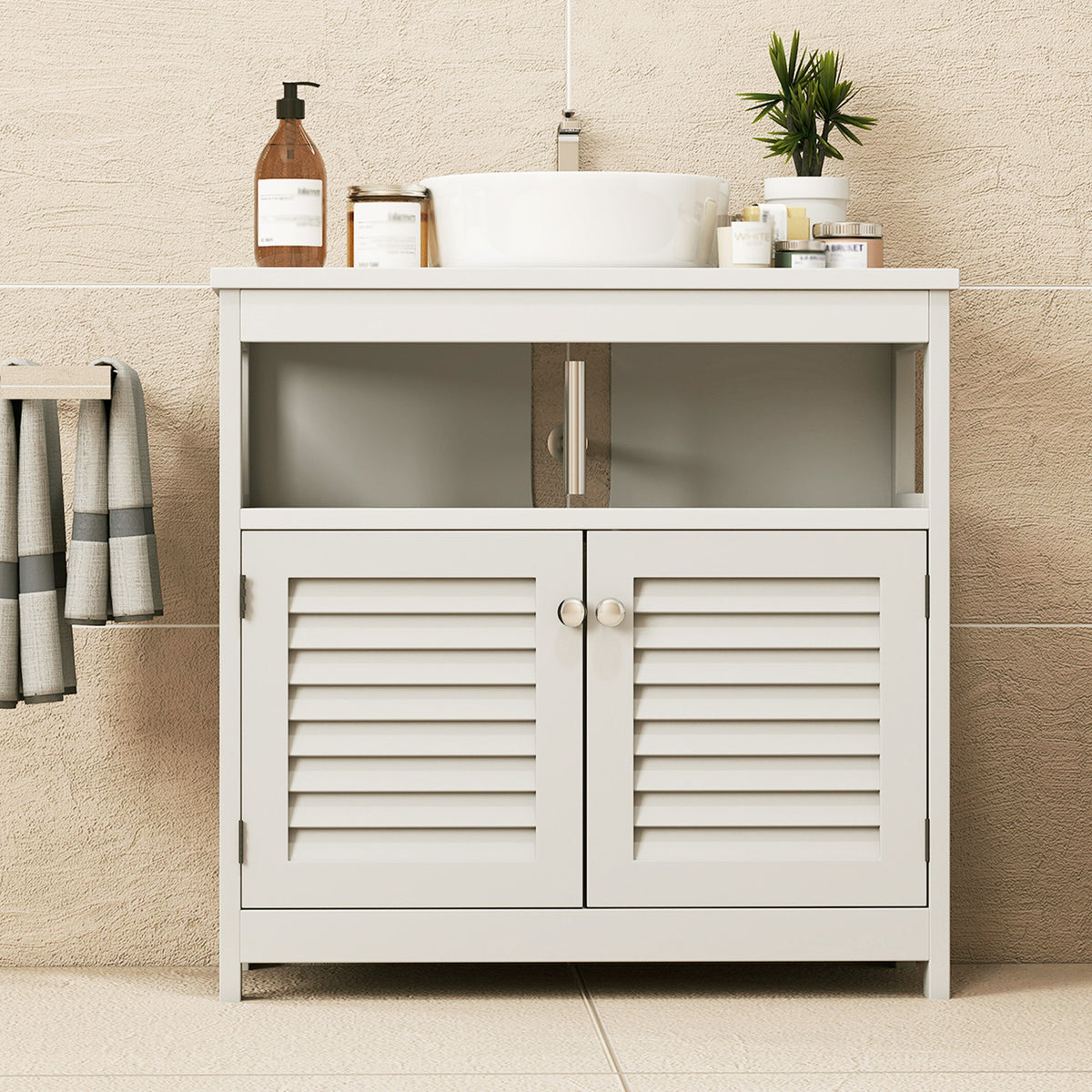 Wall Mounted Sink Storage Cabinet with 2 Doors & Open Shelf, Bathroom Vanity