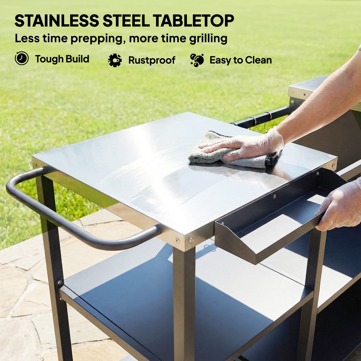Heavy Duty Metal Grill Table with Stainless Steel Top - Black