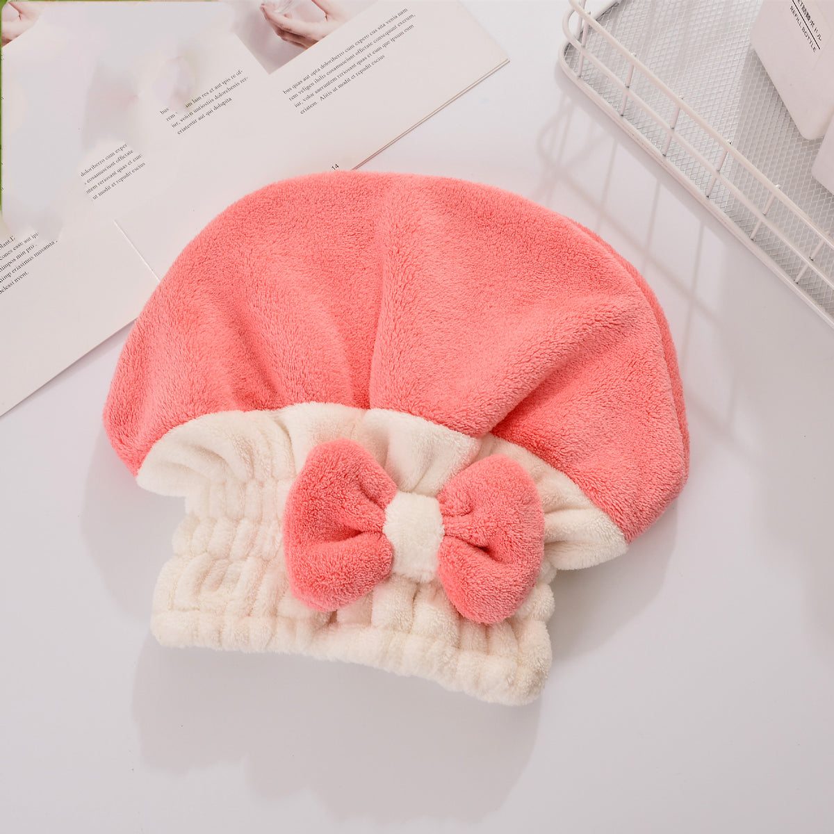 Absorbent Coral Velvet Hair Drying Cap with Bow for Hair Care and Styling