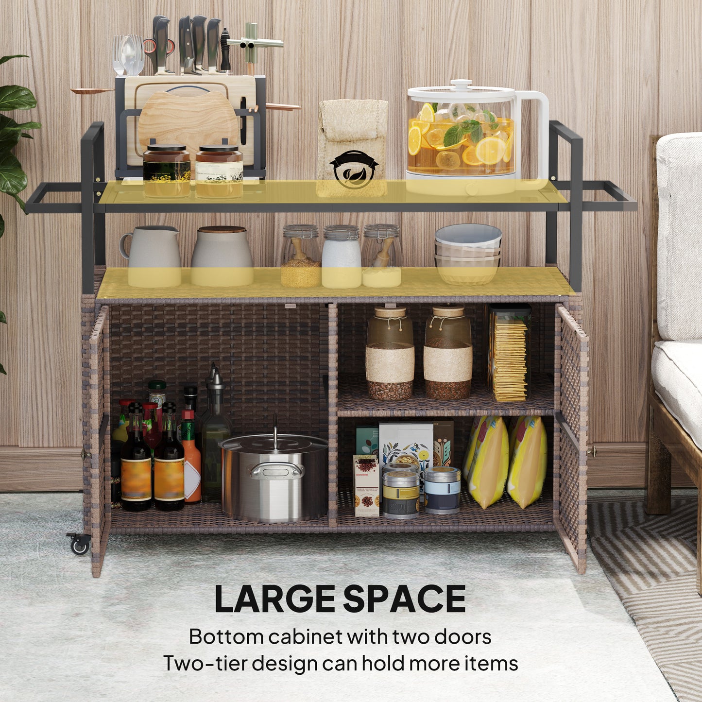 Outdoor Bar Cart with Glass Top & Storage Cabinet - Mixed Brown
