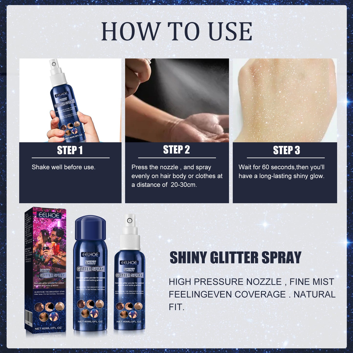 Glitter Spray for Body, Hair & Clothes - 60ML Shimmer Effect