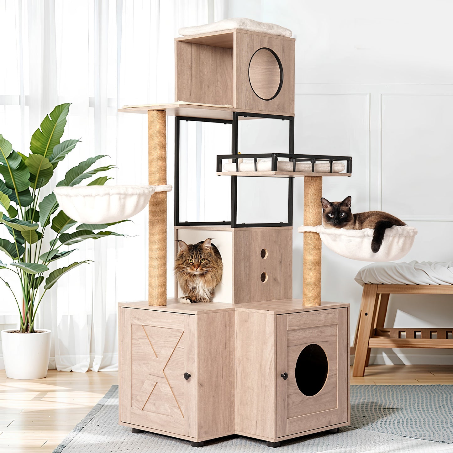 Multi-Functional Cat Tree with Litter Box, Scratching Posts & Washable Cushion - Rustic Gray