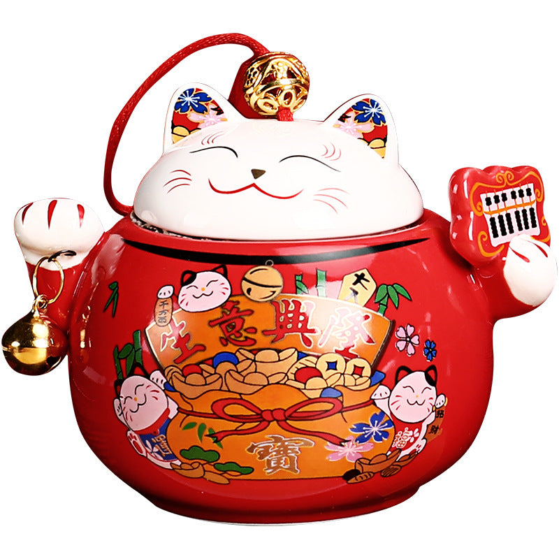 Ceramic Lucky Cat Tea Jar Storage Container - Japanese Style Household Gift Box