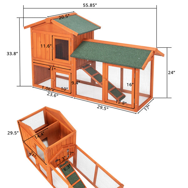 Wooden Rabbit Hutch 61 Inch Multi-Level Pet Cage with Locking Doors
