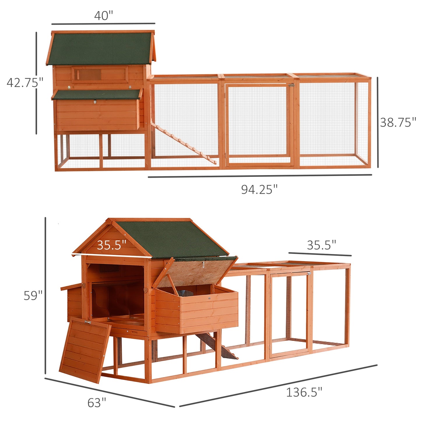 Large Wooden Chicken Coop with Nesting Box and Run - 136.5 Inches