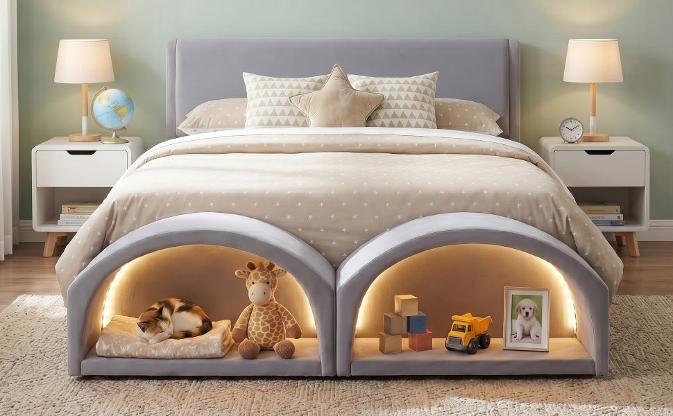 Queen Size Upholstered Platform Bed Frame with Dual Cat Caves & LED Pet Nests - Gray