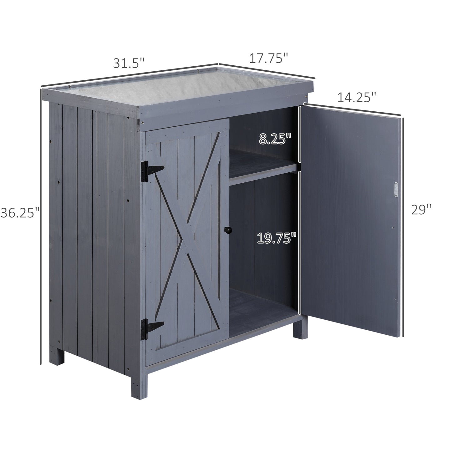 Outdoor Storage Cabinet with Galvanized Steel Top and Shelves - Gray Garden Tool Shed 970x510x260 mm
