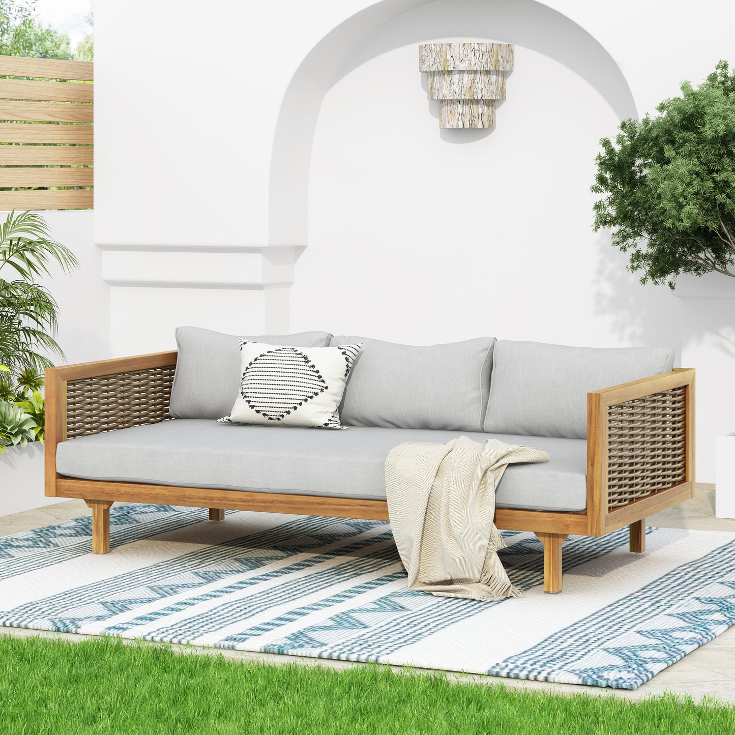 CLAREMONT 3 SEATER DAYBED WITH RATTAN ARMS LIGHT GREY CUSHION