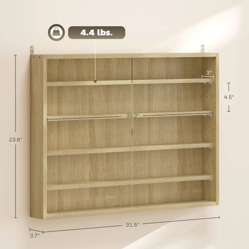 5-Tier Wall-Mounted Display Cabinet with Glass Doors - Oak
