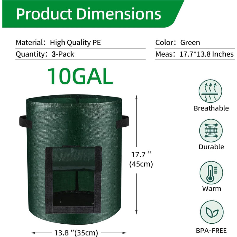 6 Pack 10 Gallon Heavy Duty Garden Potato Grow Bags with Handles & Flap