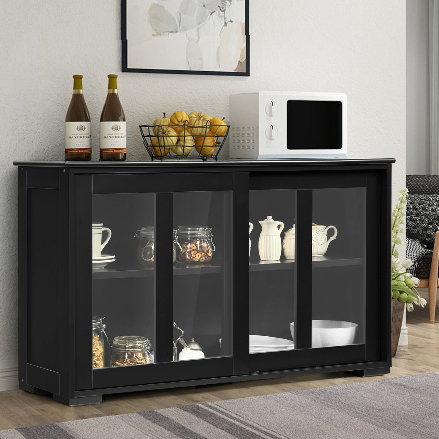 Kitchen Storage Cabinet with Glass Sliding Door - Black