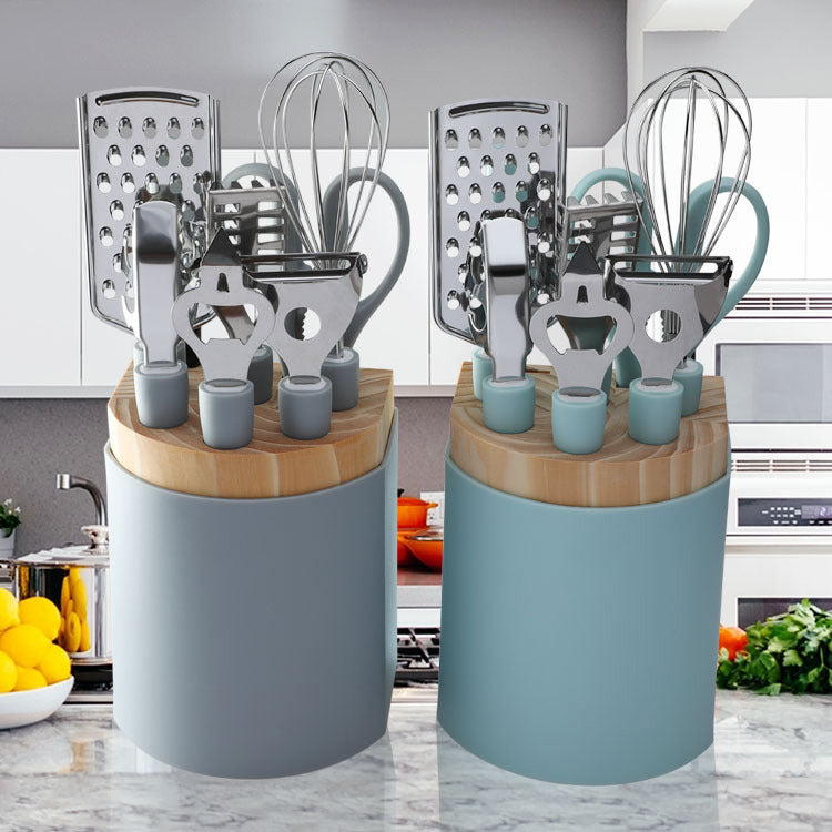 Stainless Steel Kitchen Utensil Set with Scissors Peeler Egg Beater & Tray - Multiple Colors