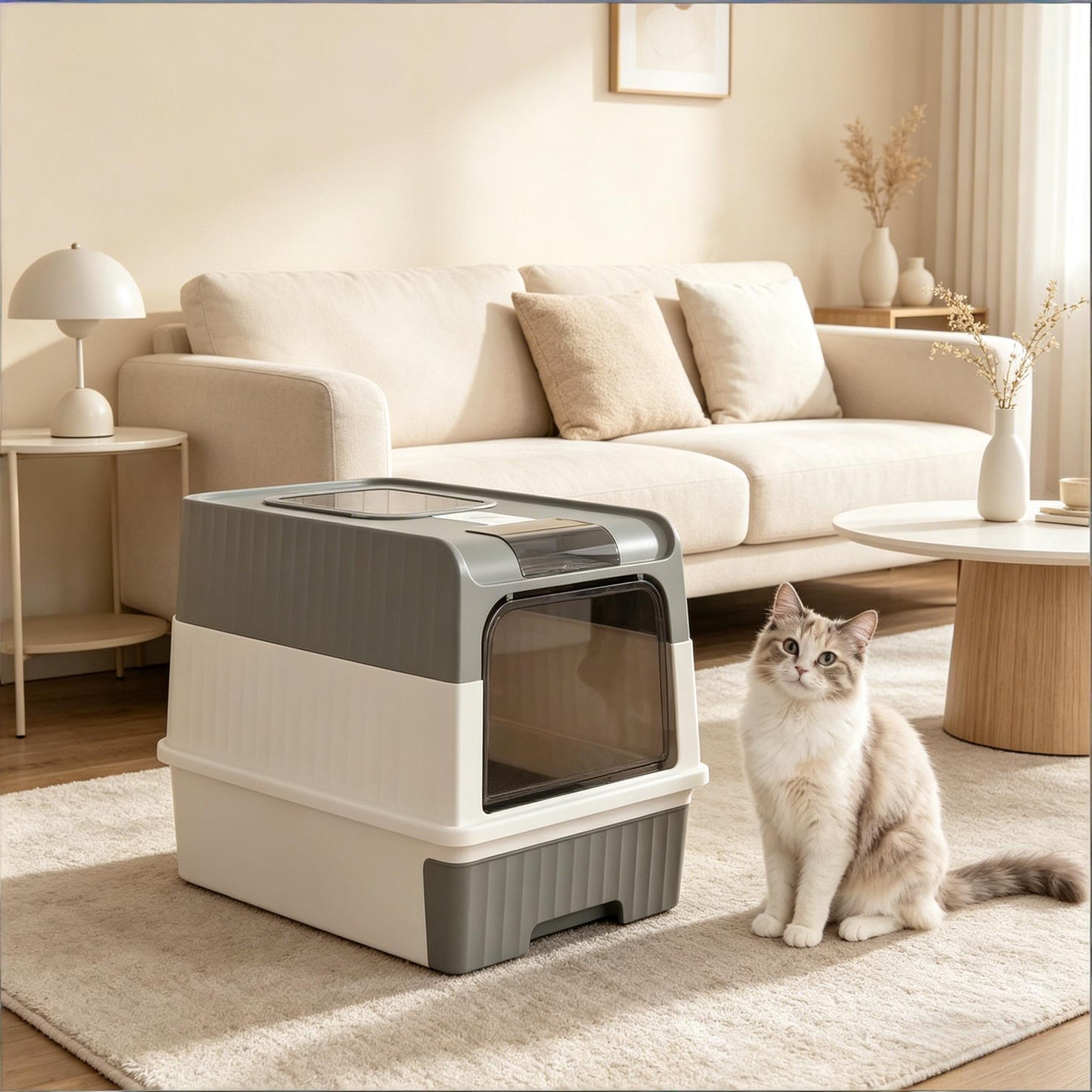 Compact Enclosed Cat Litter Box with Top Exit Design - Black, Gray, White