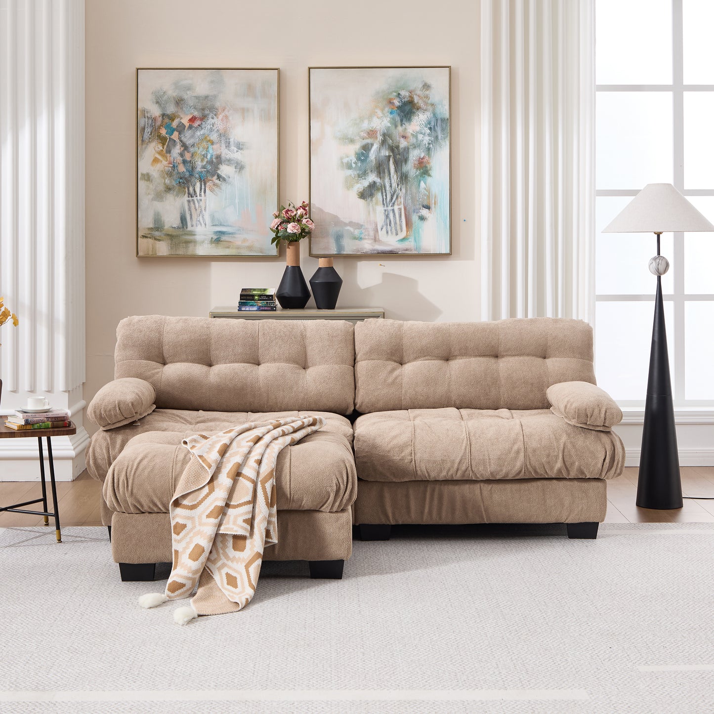Modular Sectional Sofa Cloud Couch with Ottoman - Light Brown
