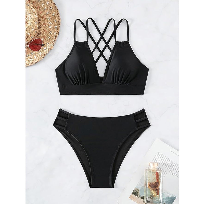 Women's Black Double Strap High Waist Bikini Set - 2 Piece Swimsuit